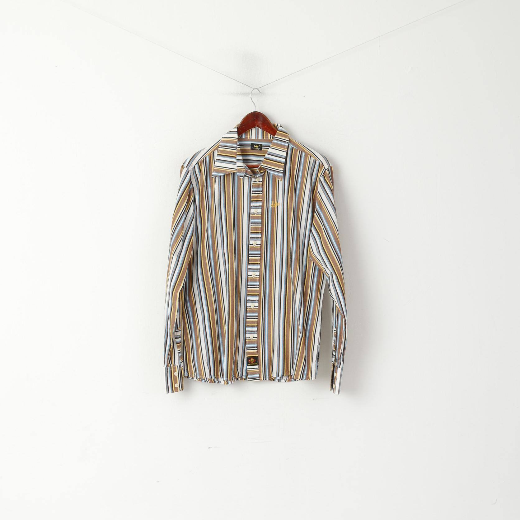 Lee Men XL Casual Shirt Brown Striped Cotton Western Standard Collar Long Sleeve Top