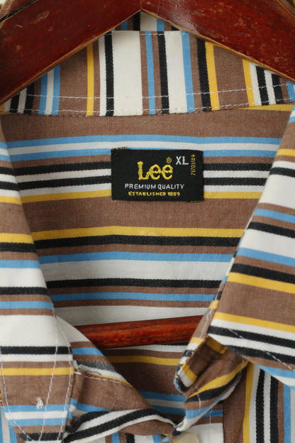 Lee Men XL Casual Shirt Brown Striped Cotton Western Standard Collar Long Sleeve Top