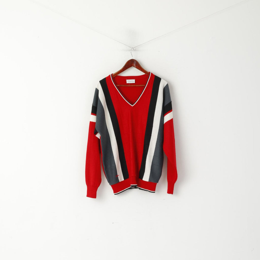 Gabicci Homme XL Pull Rouge Vintage Laine Col V Rayé Rétro Pull