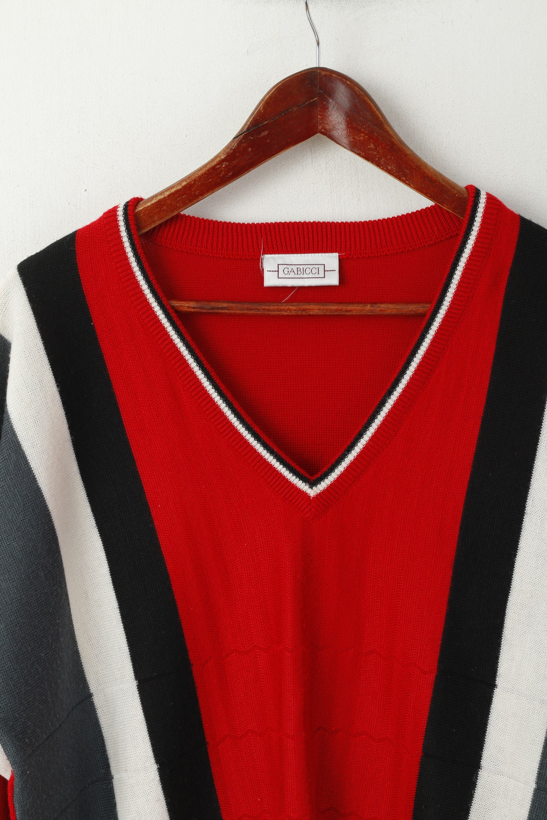 Gabicci Homme XL Pull Rouge Vintage Laine Col V Rayé Rétro Pull
