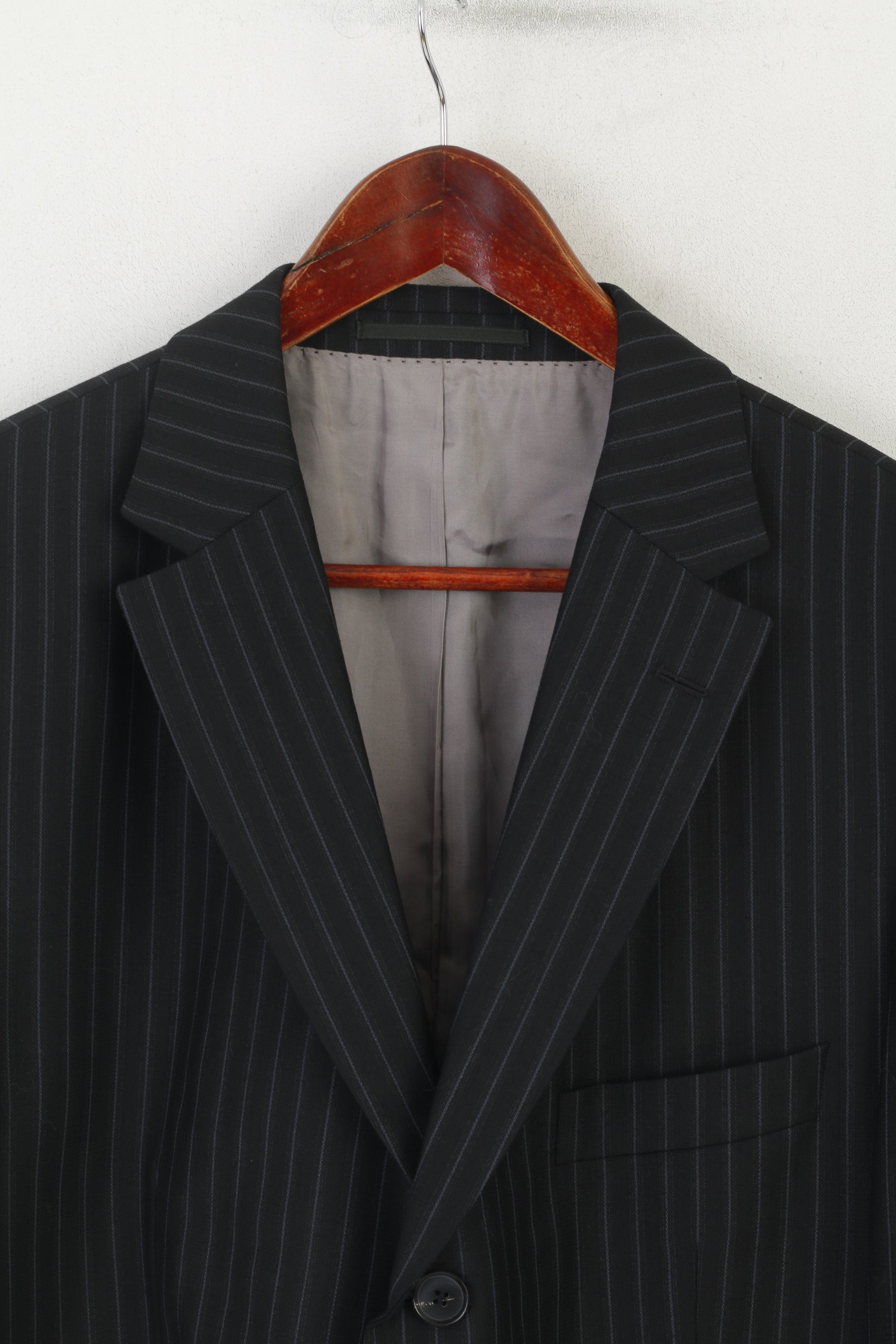 Hugo Boss Men 54 44 Blazer Black Wool Navy Striped Rossellini Single Breasted Jacket