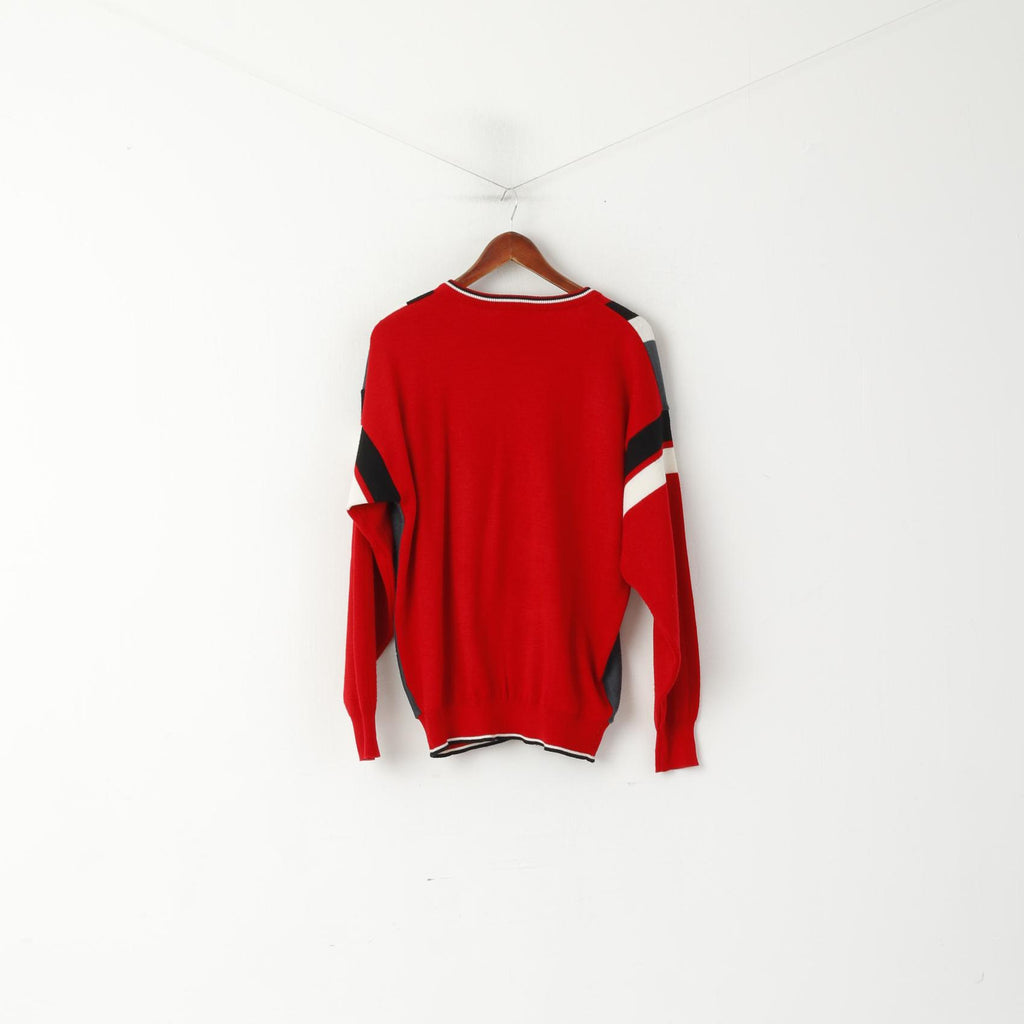 Gabicci Homme XL Pull Rouge Vintage Laine Col V Rayé Rétro Pull