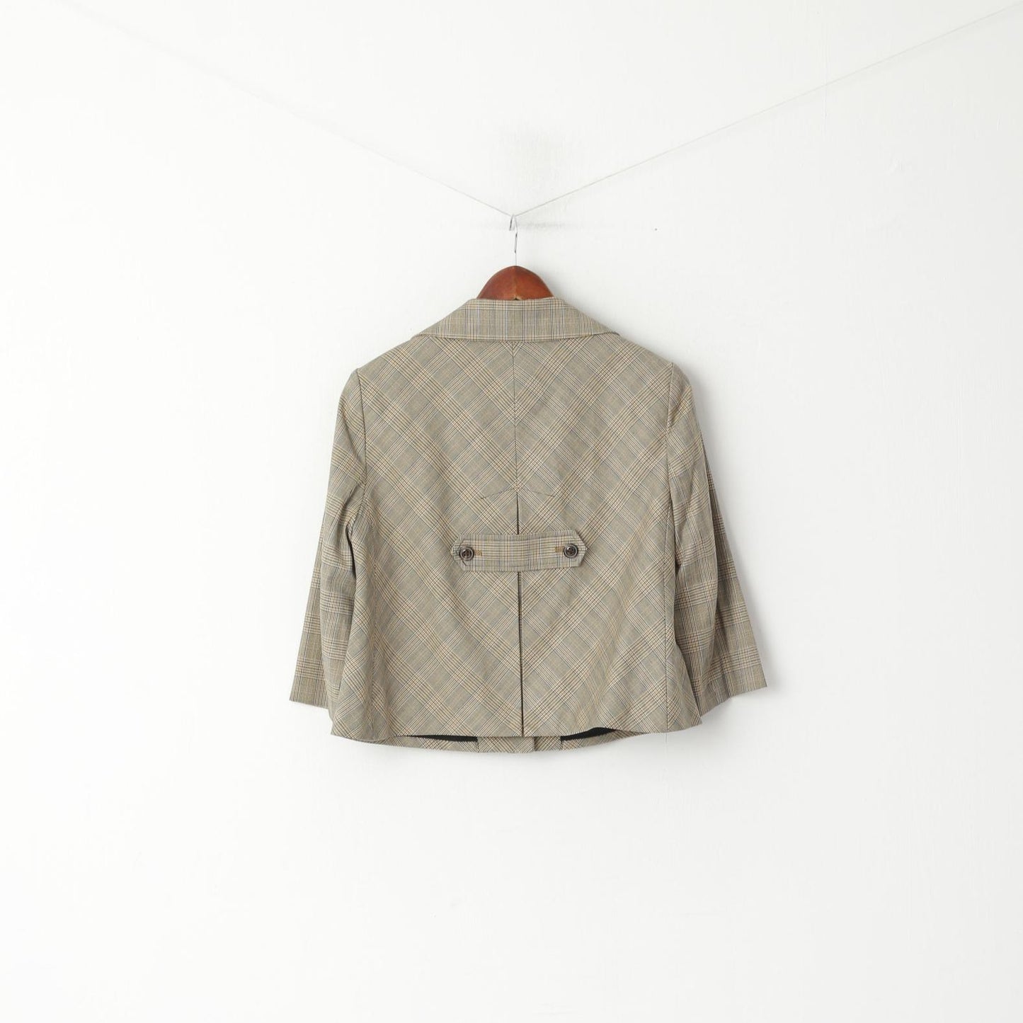 Anne Klein Women 8 M Jacket Cropped Brown Check Stretch Cotton 3/4 Sleeve Blazer