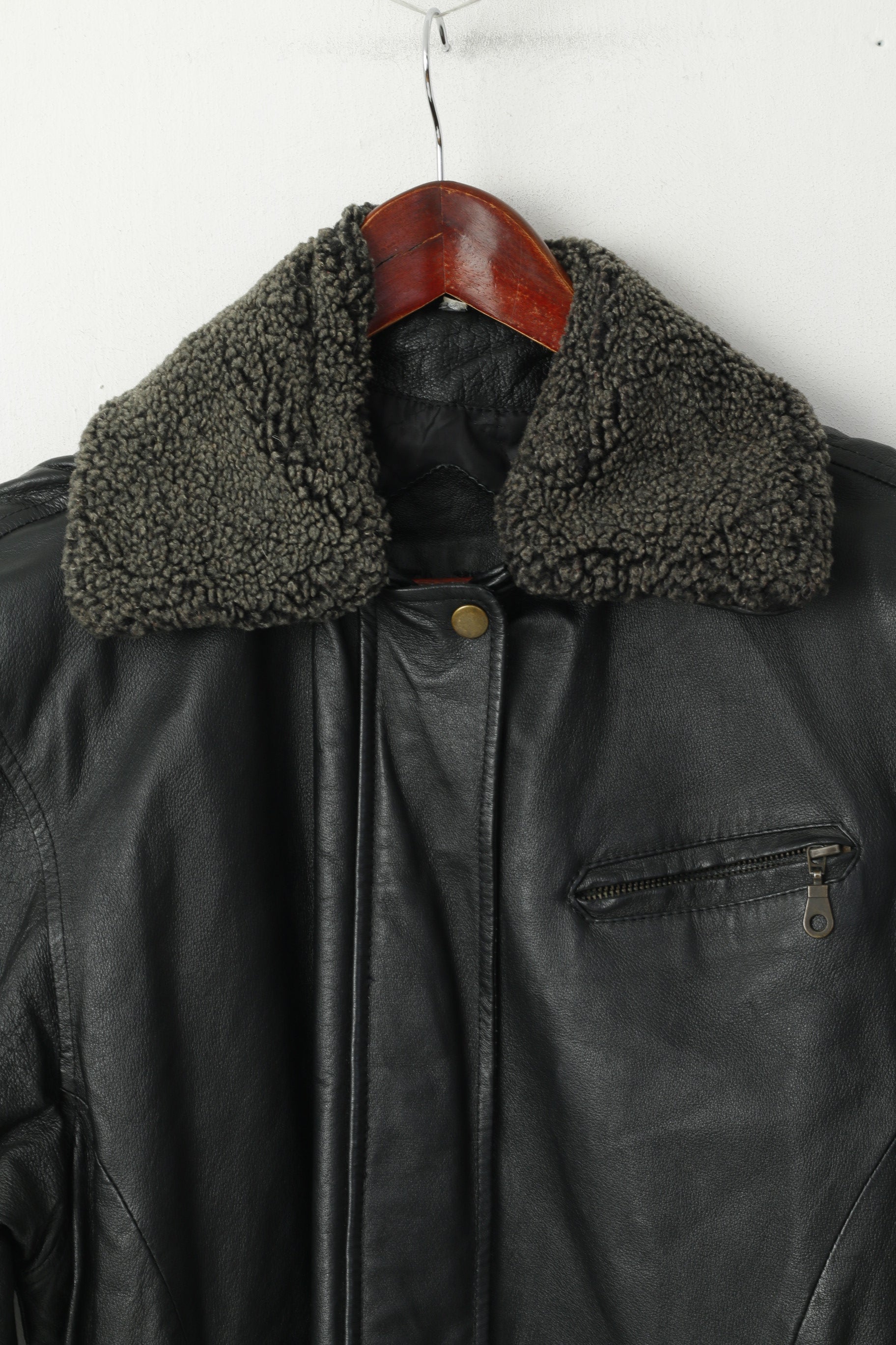 Landy Femmes M Veste En Cuir Noir Vintage Ceinturé Biker Garniture Amovible Col Haut