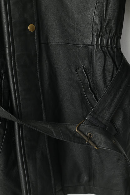 Giacca da donna Landy M in pelle nera con cintura vintage da motociclista con colletto rimovibile