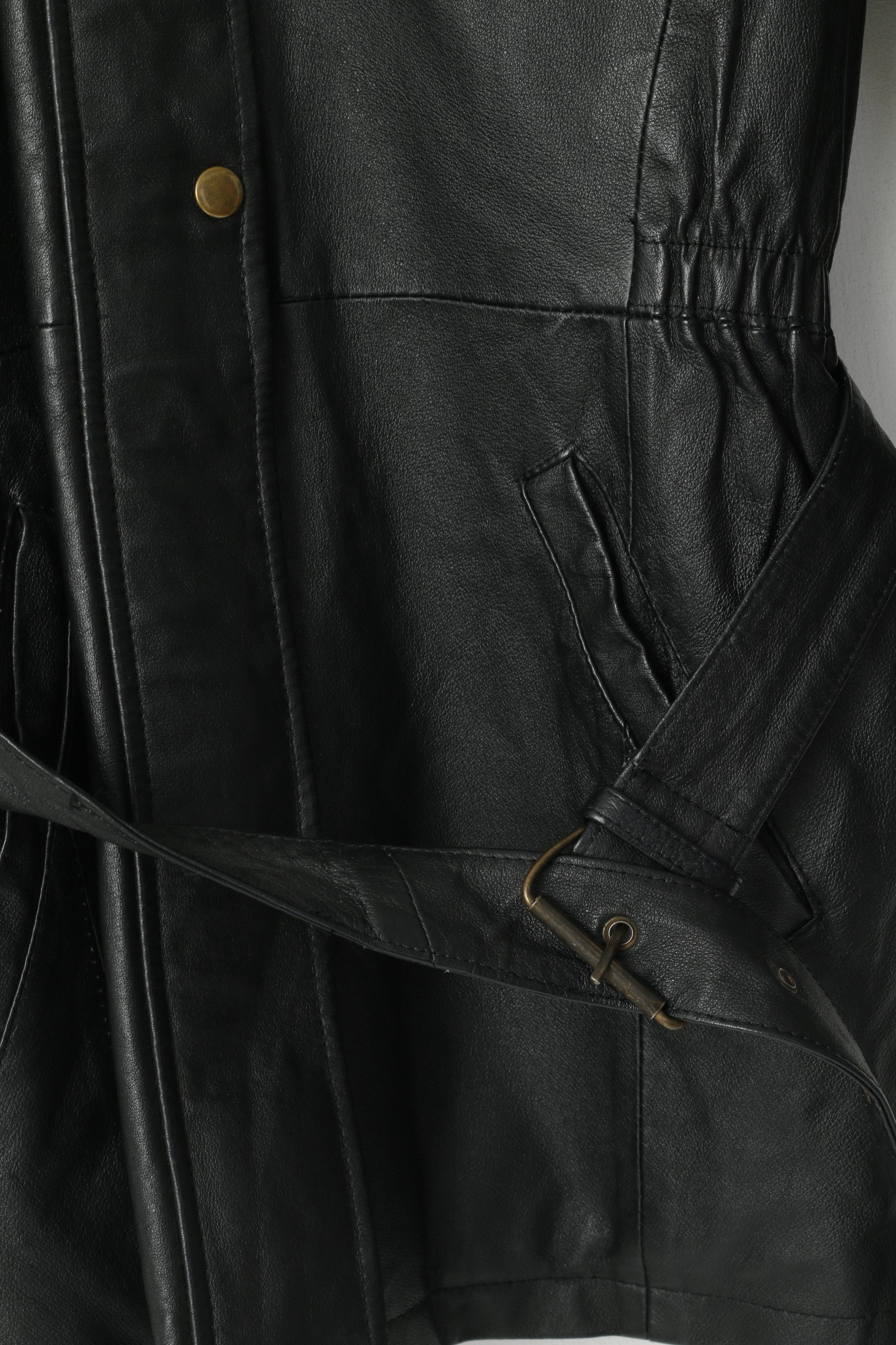Landy Femmes M Veste En Cuir Noir Vintage Ceinturé Biker Garniture Amovible Col Haut