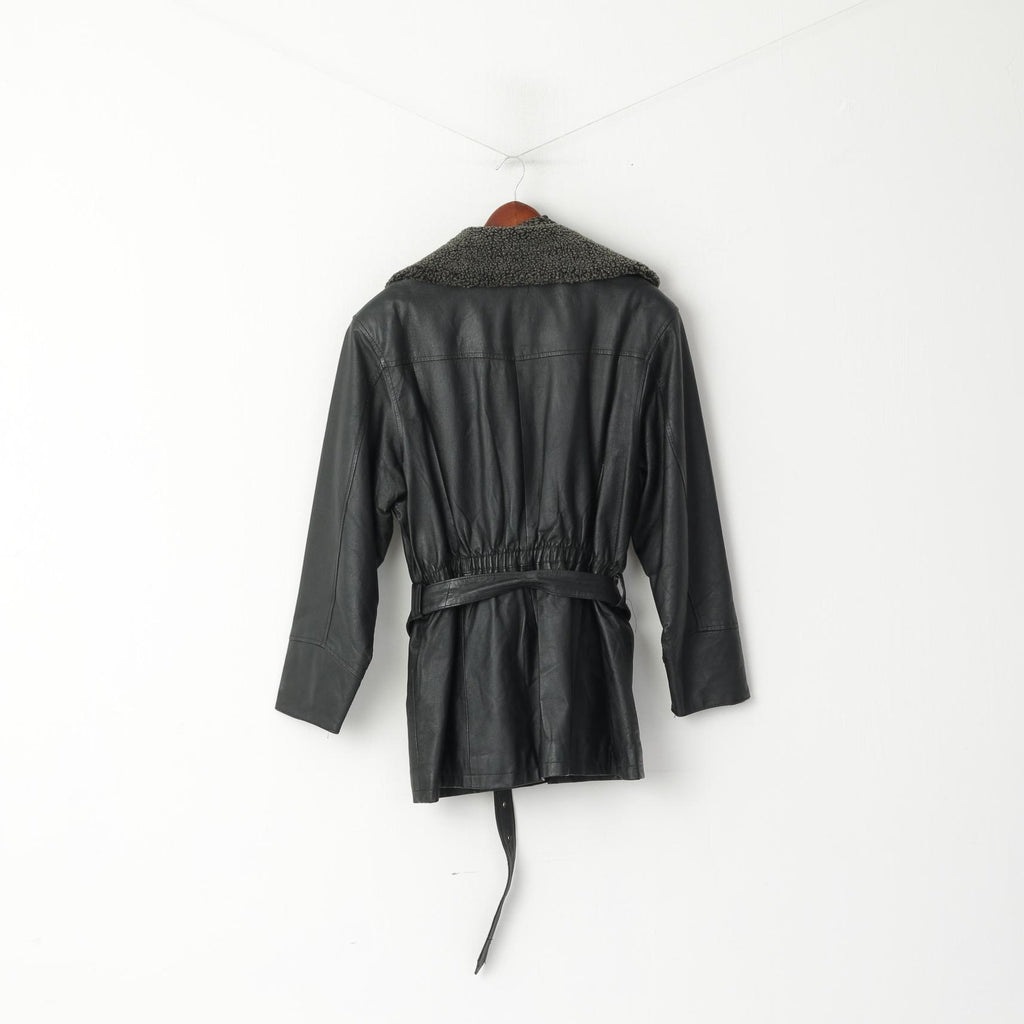 Landy Women M Jacket Black Leather Vintage Belted Biker Removable Trim Collar Top