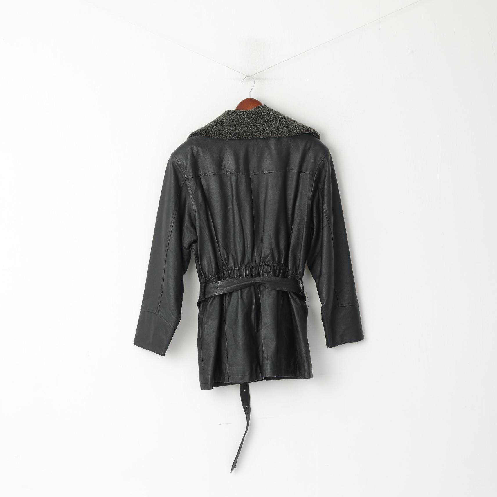 Landy Women M Jacket Black Leather Vintage Belted Biker Removable Trim Collar Top