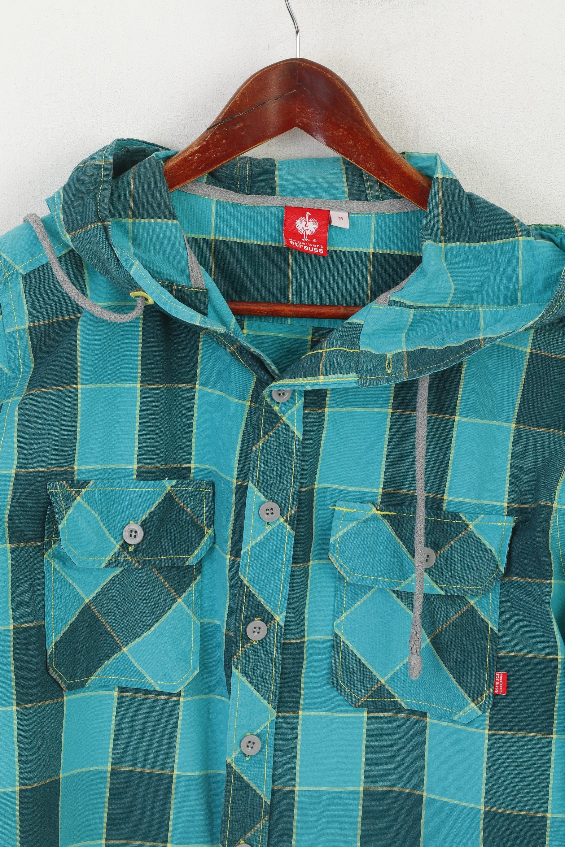 Engelbert Strauss Men M Casual Shirt Green Cotton Check Hooded Sport Top