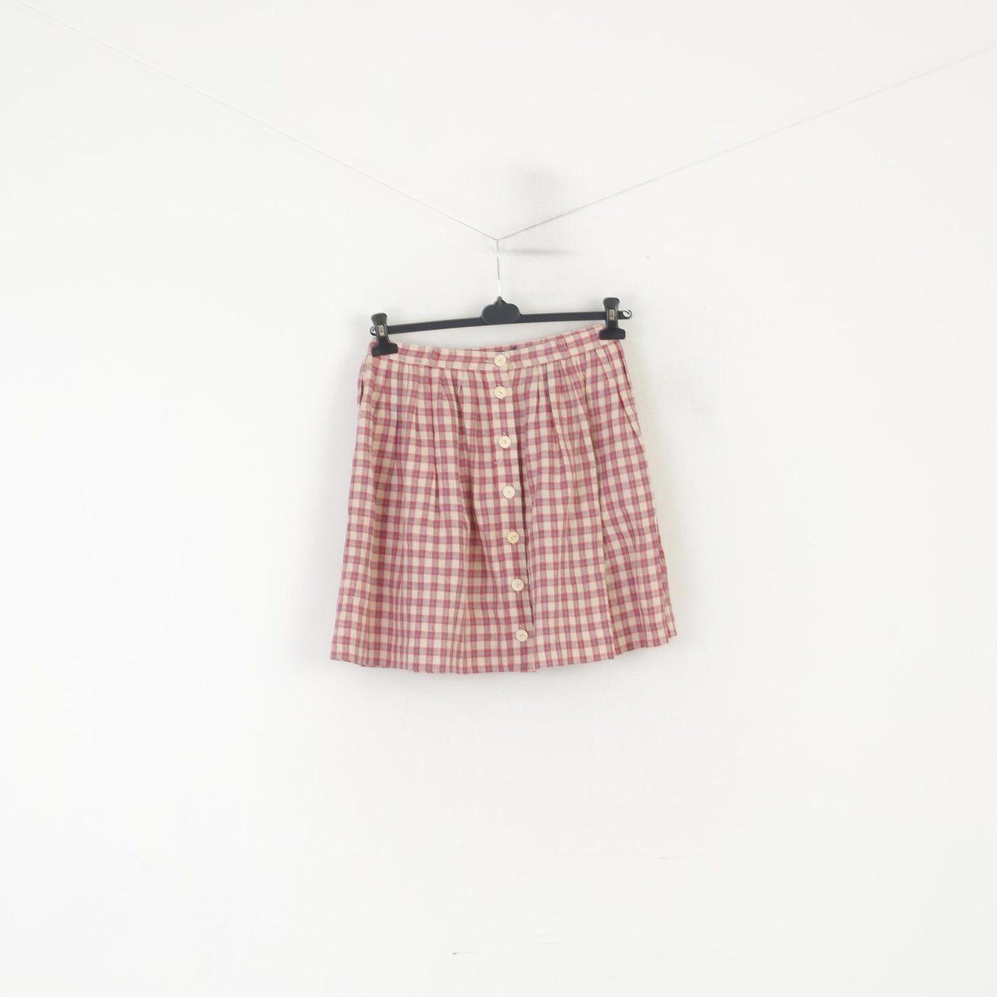 Ralph Lauren Women 6 S Mini Skirt Beige Red Check 100% Linen Buttoned
