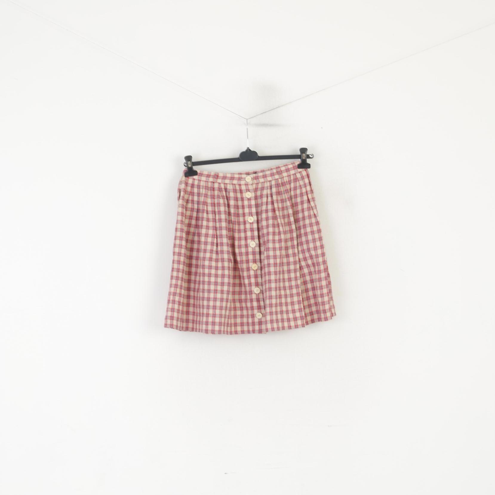 Ralph Lauren Femme 6 S Mini Jupe Beige Rouge Carreaux 100% Lin Boutonné