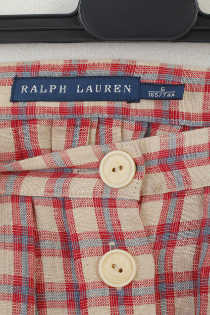 Ralph Lauren Women 6 S Mini Skirt Beige Red Check 100% Linen Buttoned