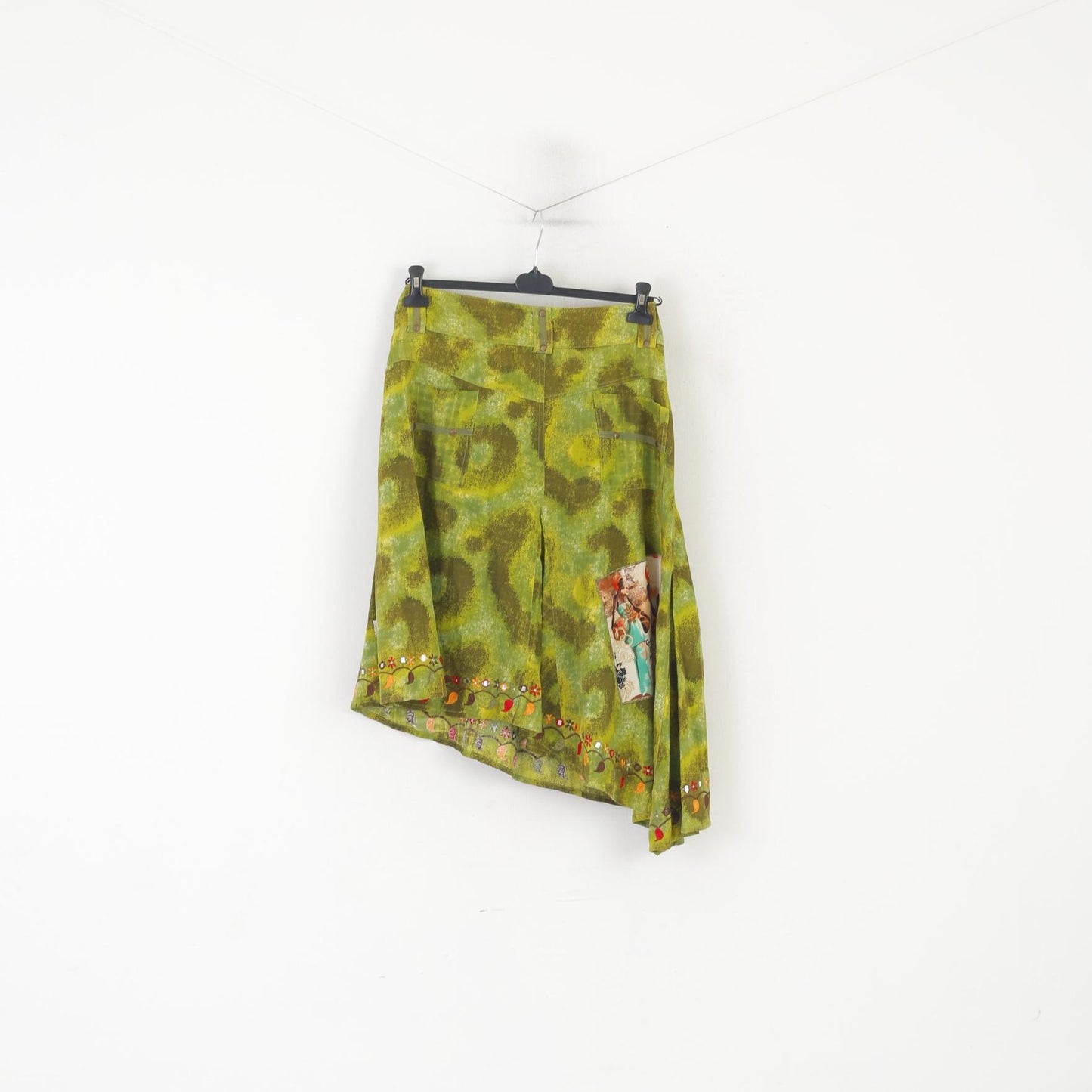 Savage Culture Women L Skirt Green Cotton Asymetric India Boho Emroidered