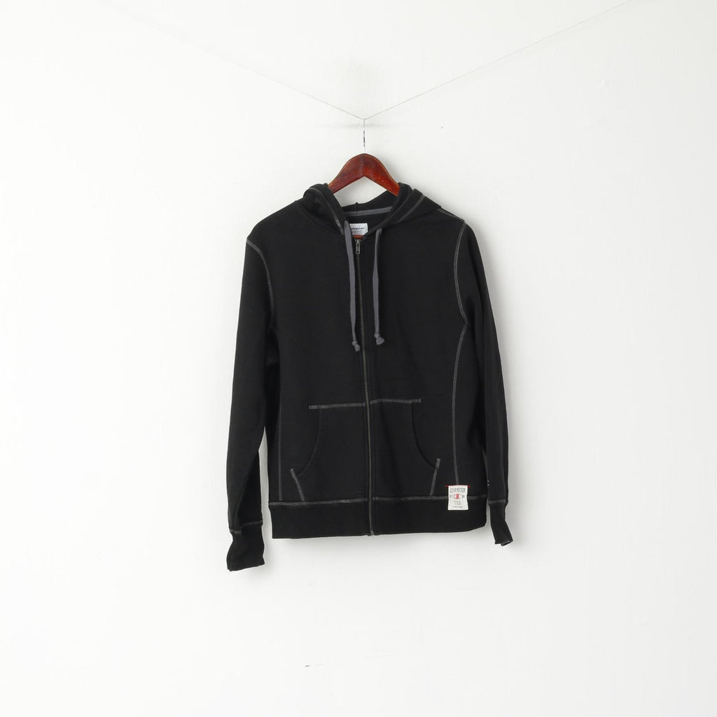 Champion Women L Sweatshirt Noir Coton Full Zipper Poches à capuche Top