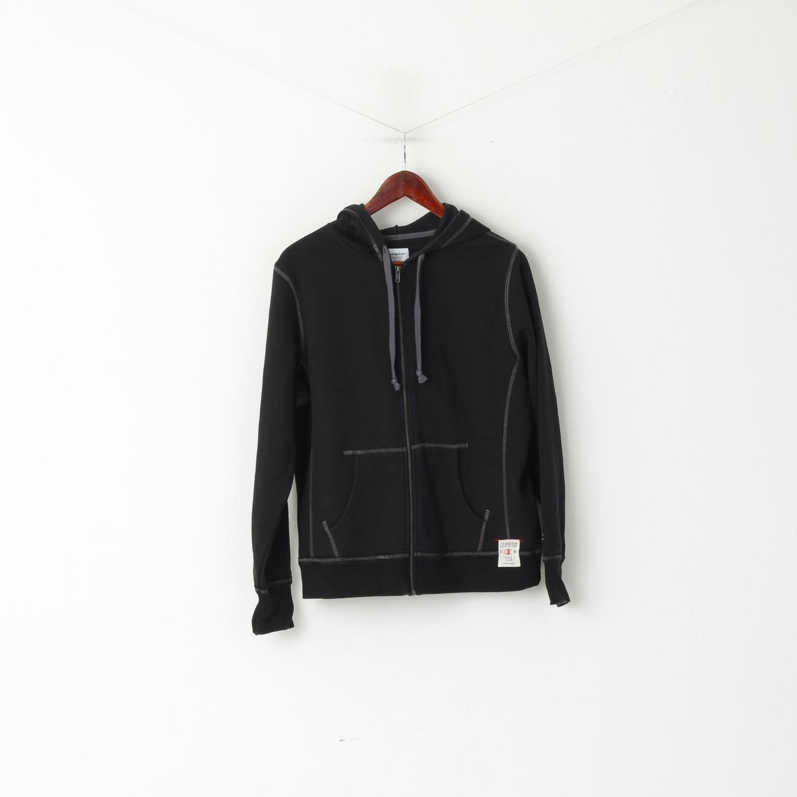 Champion Women L Sweatshirt Noir Coton Full Zipper Poches à capuche Top