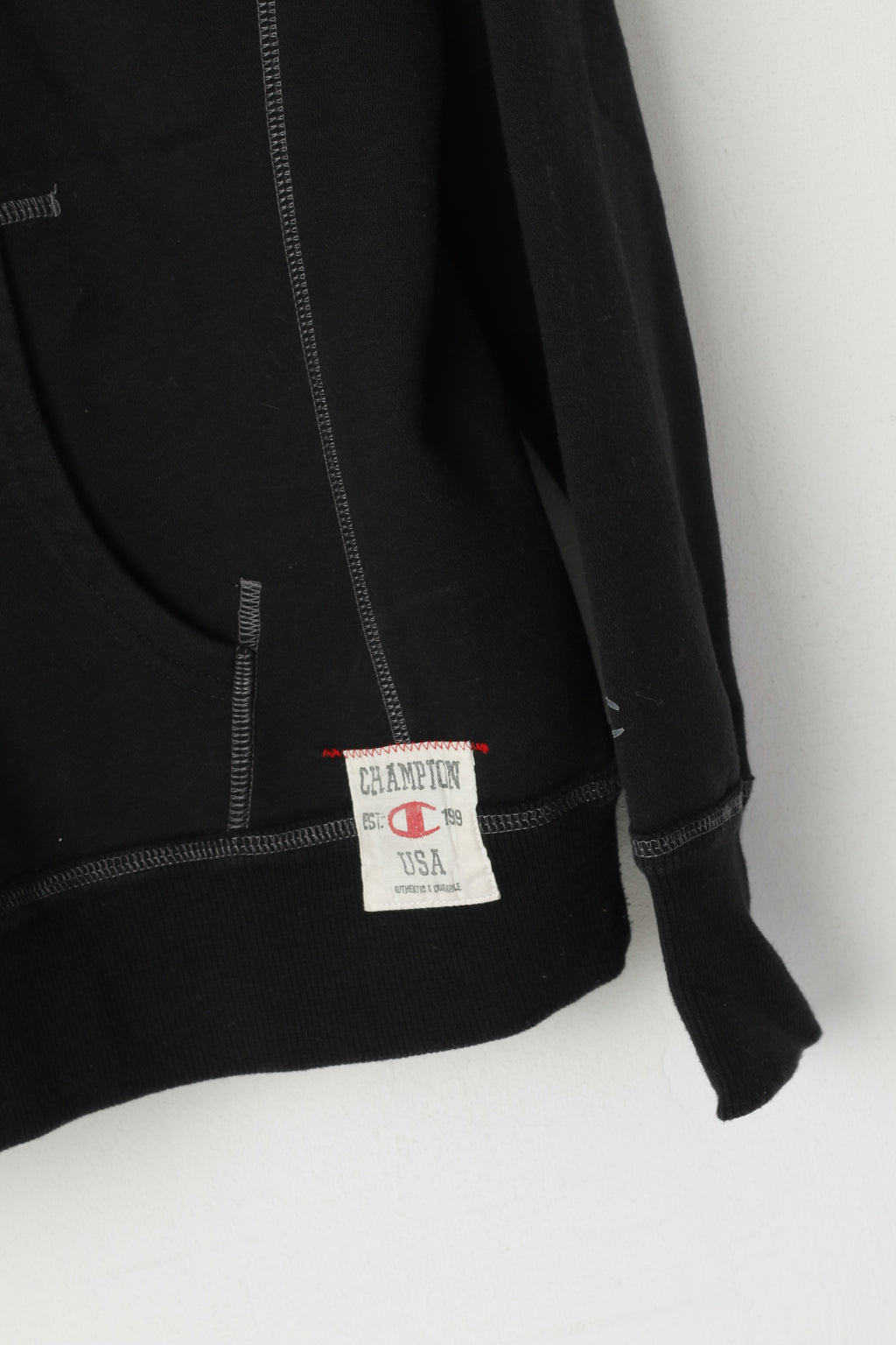 Champion Women L Sweatshirt Noir Coton Full Zipper Poches à capuche Top