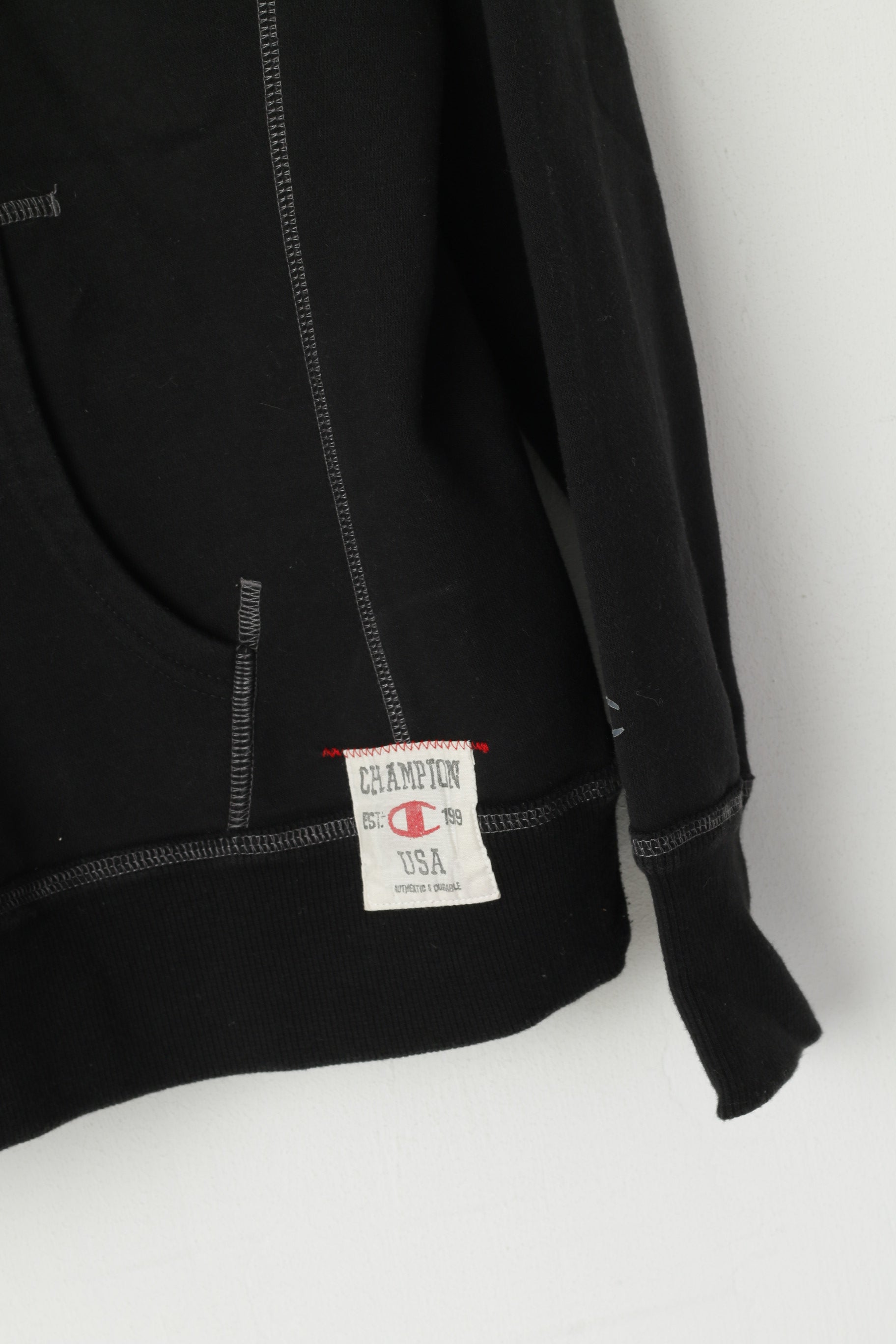 Champion Women L Sweatshirt Noir Coton Full Zipper Poches à capuche Top