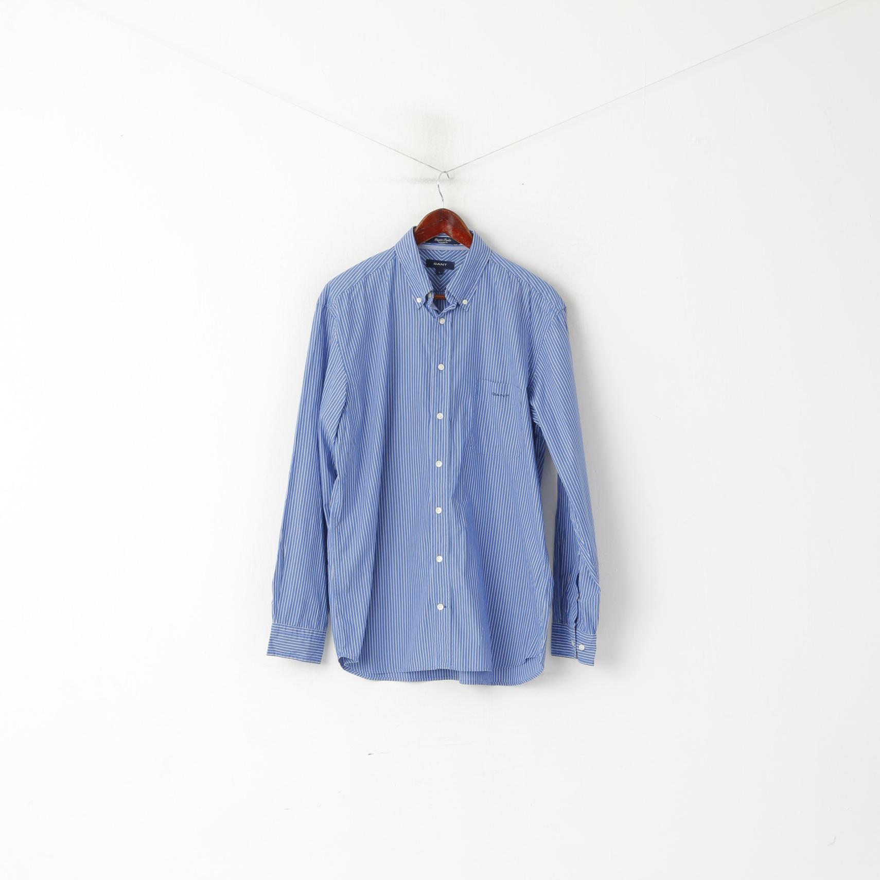 Gant Men L Casual Shirt Blue Striped Coton Epire Poplin Long Sleeve Regular Top