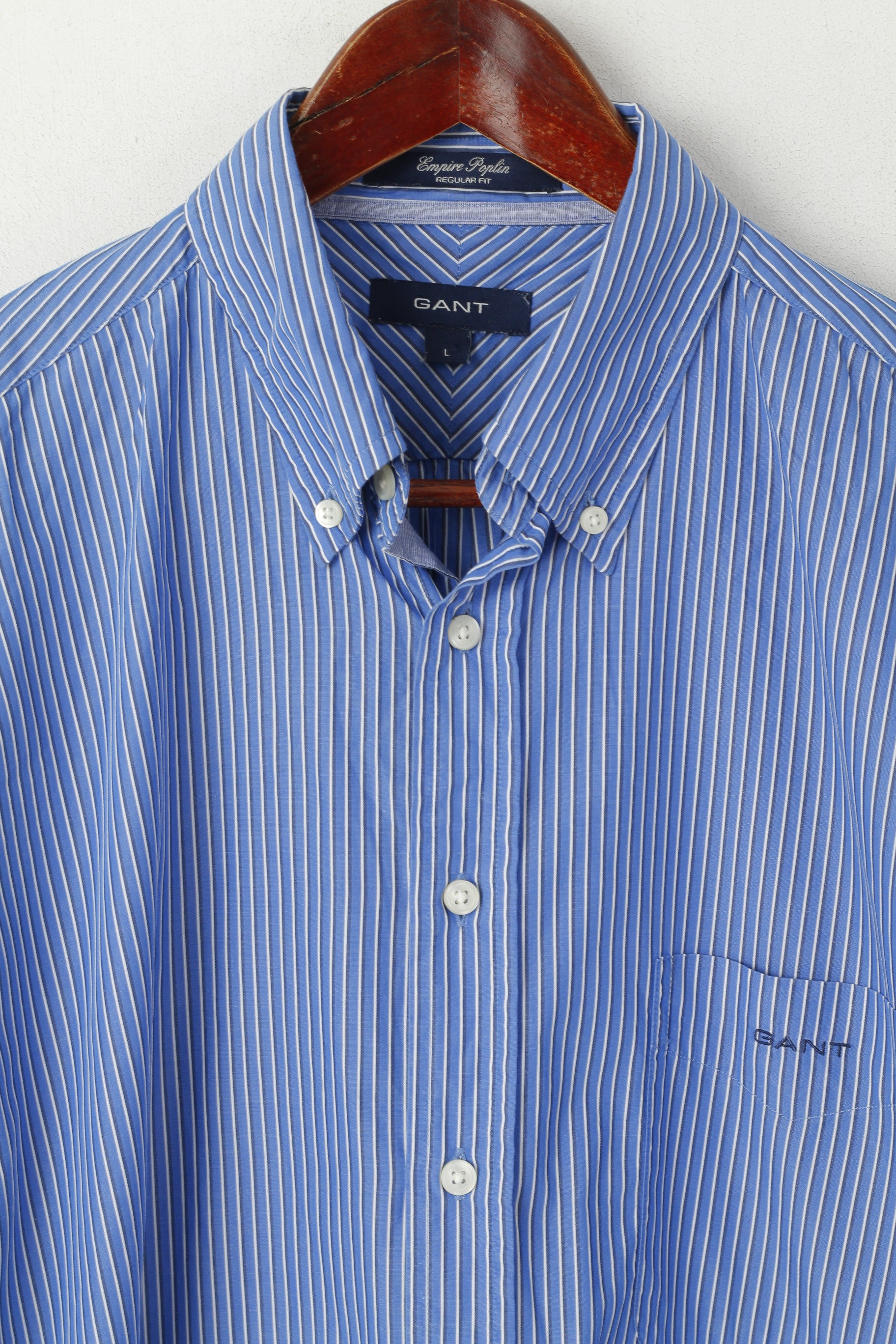 Gant Men L Casual Shirt Blue Striped Coton Epire Poplin Long Sleeve Regular Top