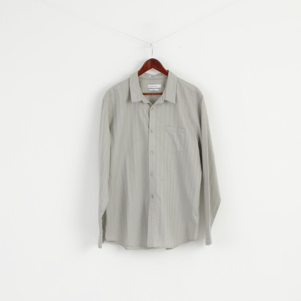 Calvin Klein Men XL Casual Shirt Grey Slim Fit Cotton Striped Emroidered Long Sleeve Top