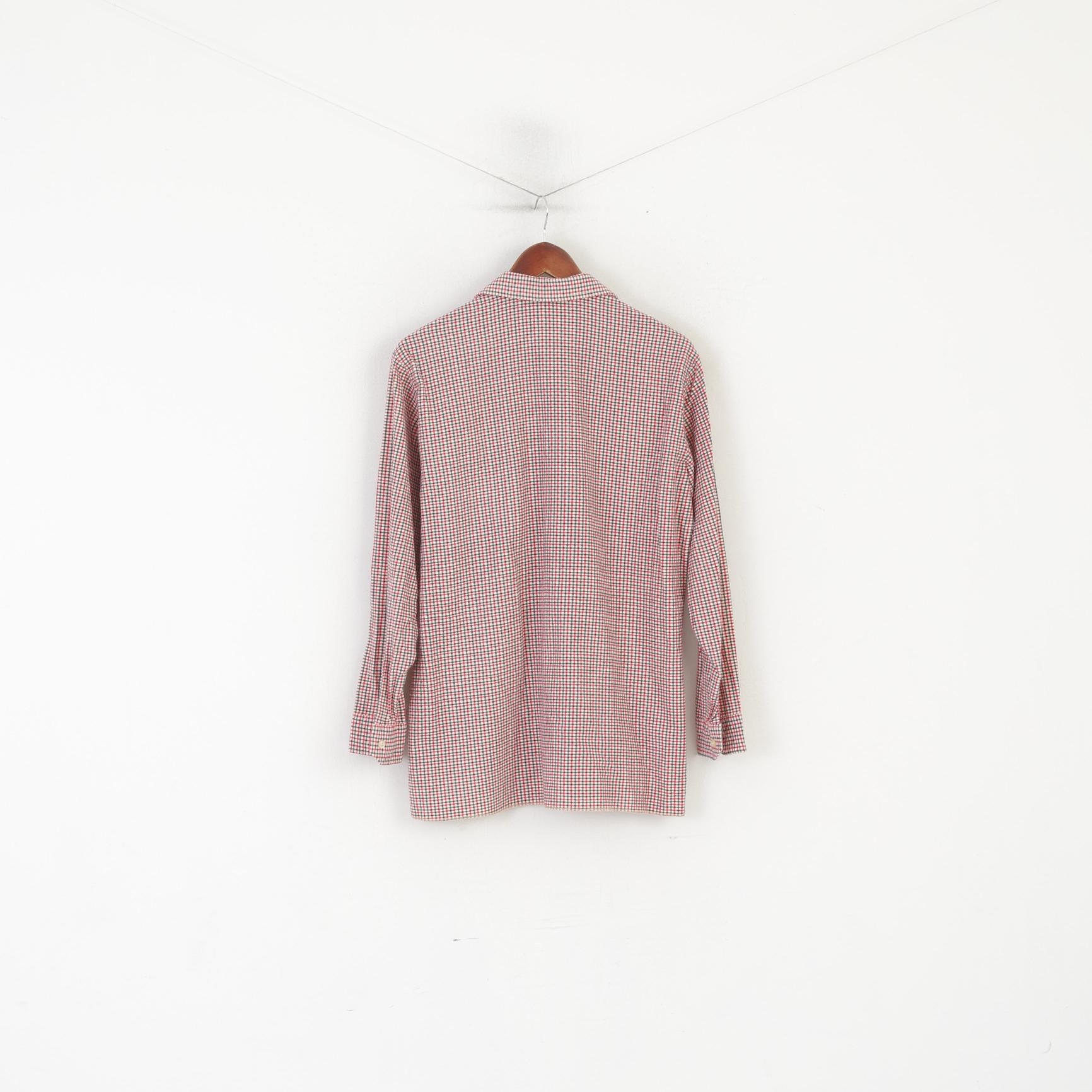 KKK Men M Casual Shirt Cream Cotton Vintage Pink Check Long Sleeve Top