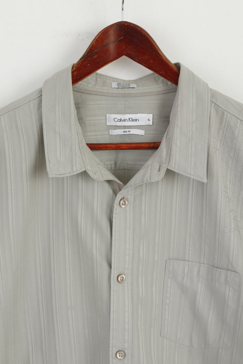 Calvin Klein Hommes XL Chemise décontractée Gris Slim Fit Coton Rayé Brodé Haut à manches longues
