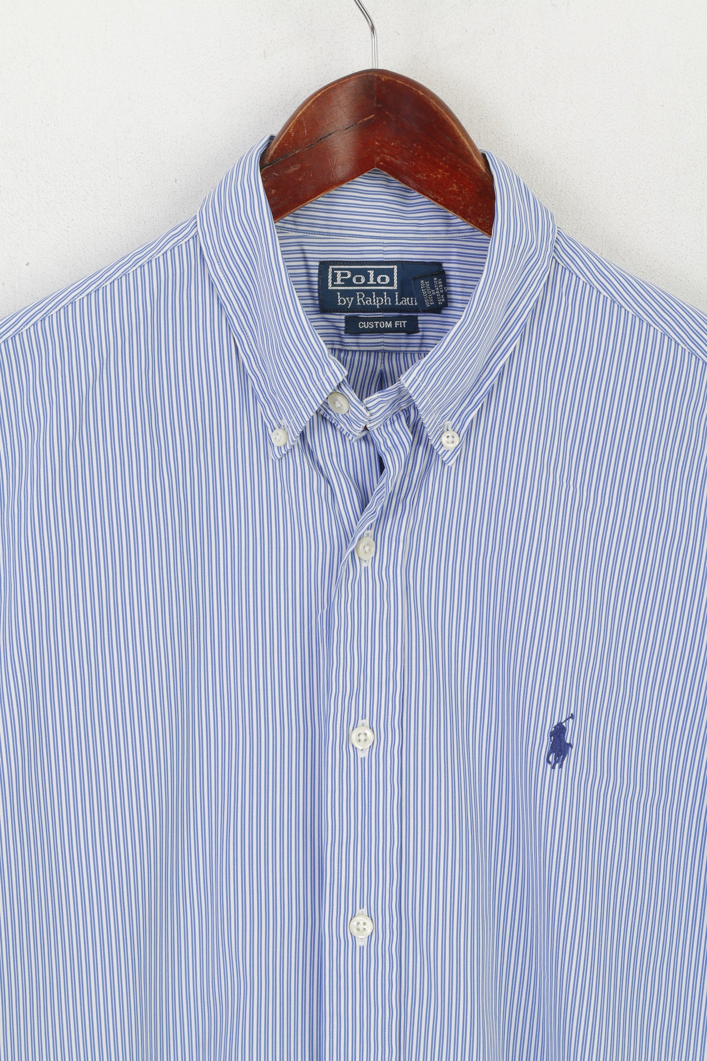 Polo By Ralph Lauren Men 16 40/41 L Casual Shirt Blue Striped Cotton Custom Fit Top