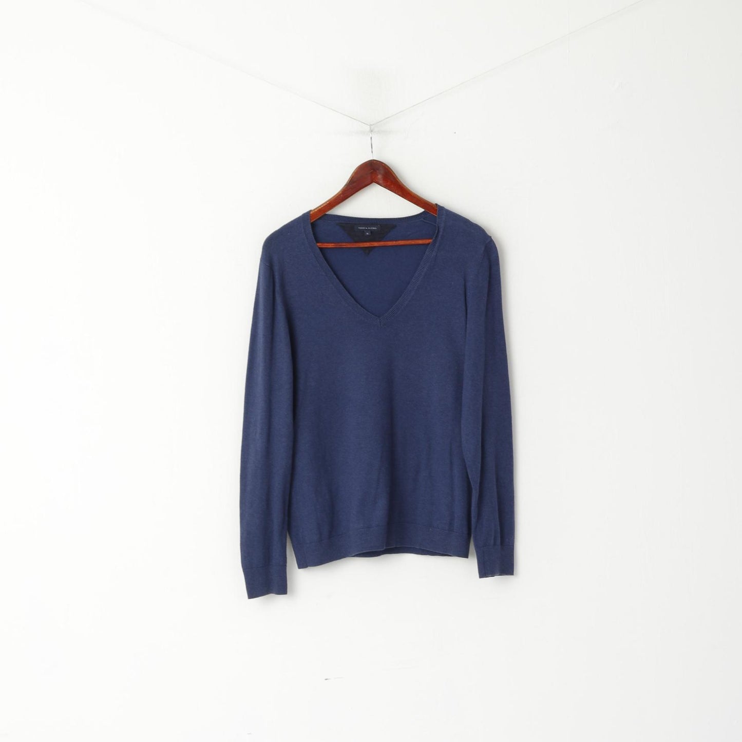 Tommy Hilfiger Homme XL (M) Pull Marine Coton Col V Doux Stretch Uni Pull