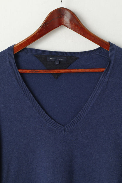 Tommy Hilfiger Homme XL (M) Pull Marine Coton Col V Doux Stretch Uni Pull