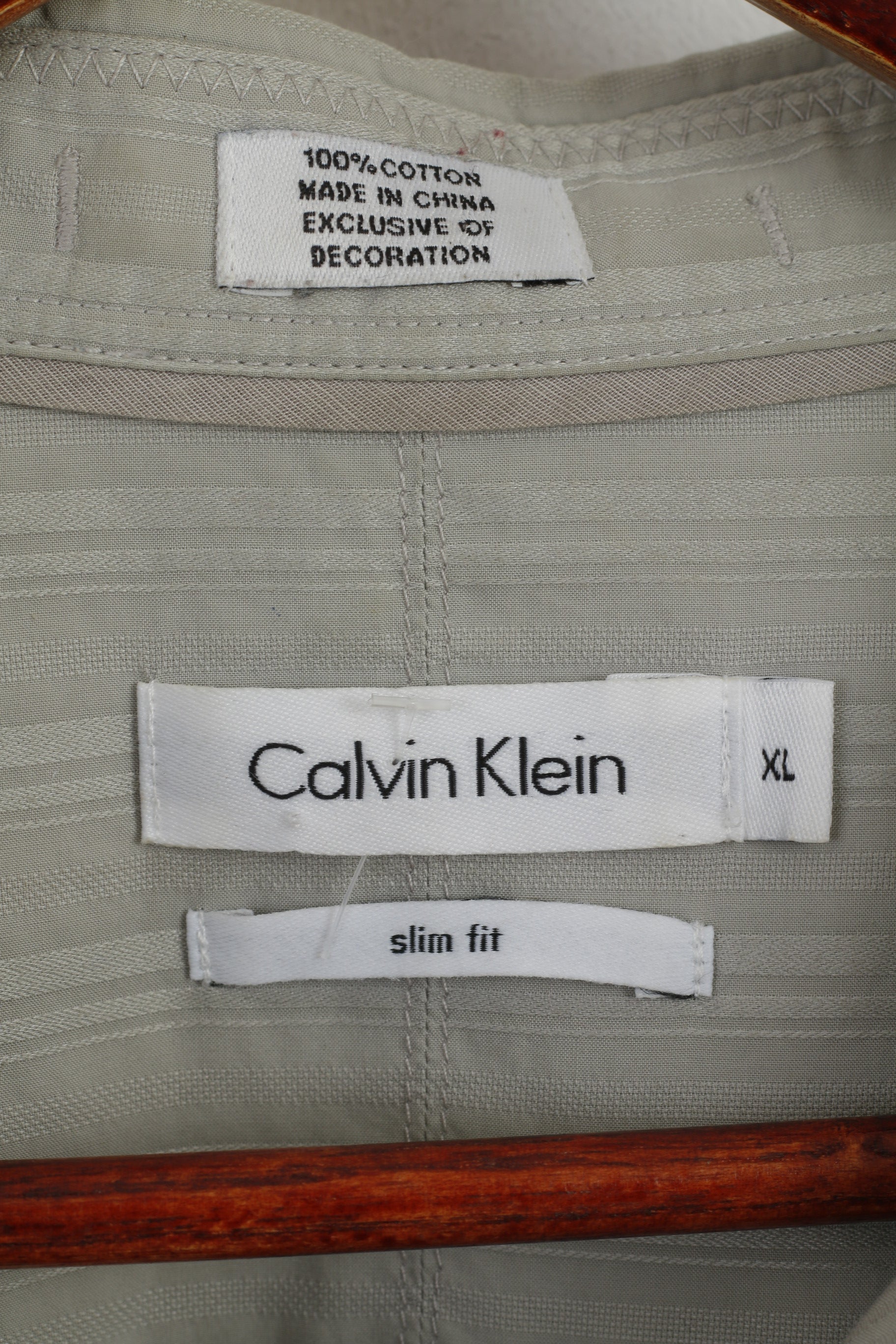 Calvin Klein Men XL Casual Shirt Grey Slim Fit Cotton Striped Emroidered Long Sleeve Top