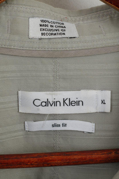 Calvin Klein Hommes XL Chemise décontractée Gris Slim Fit Coton Rayé Brodé Haut à manches longues