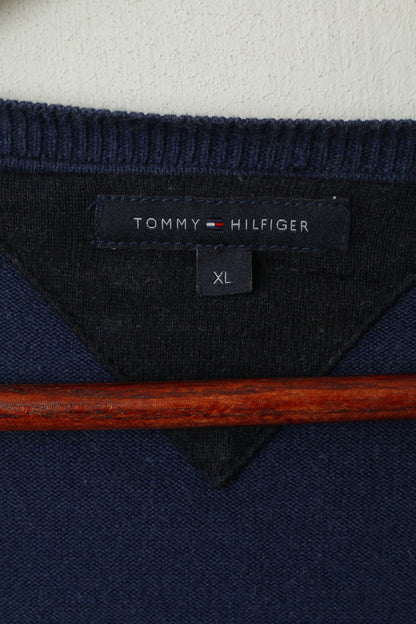 Tommy Hilfiger Homme XL (M) Pull Marine Coton Col V Doux Stretch Uni Pull