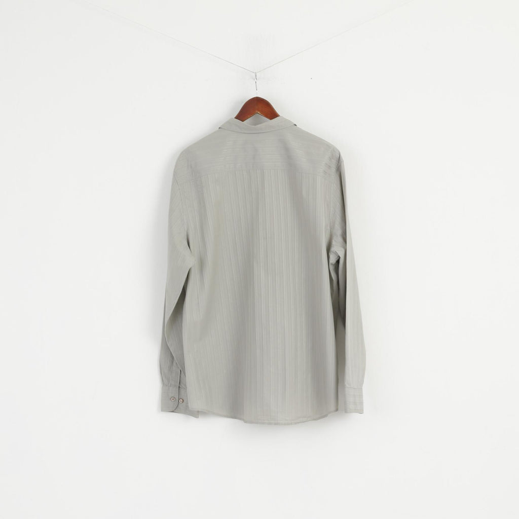 Calvin Klein Men XL Casual Shirt Grey Slim Fit Cotton Striped Emroidered Long Sleeve Top