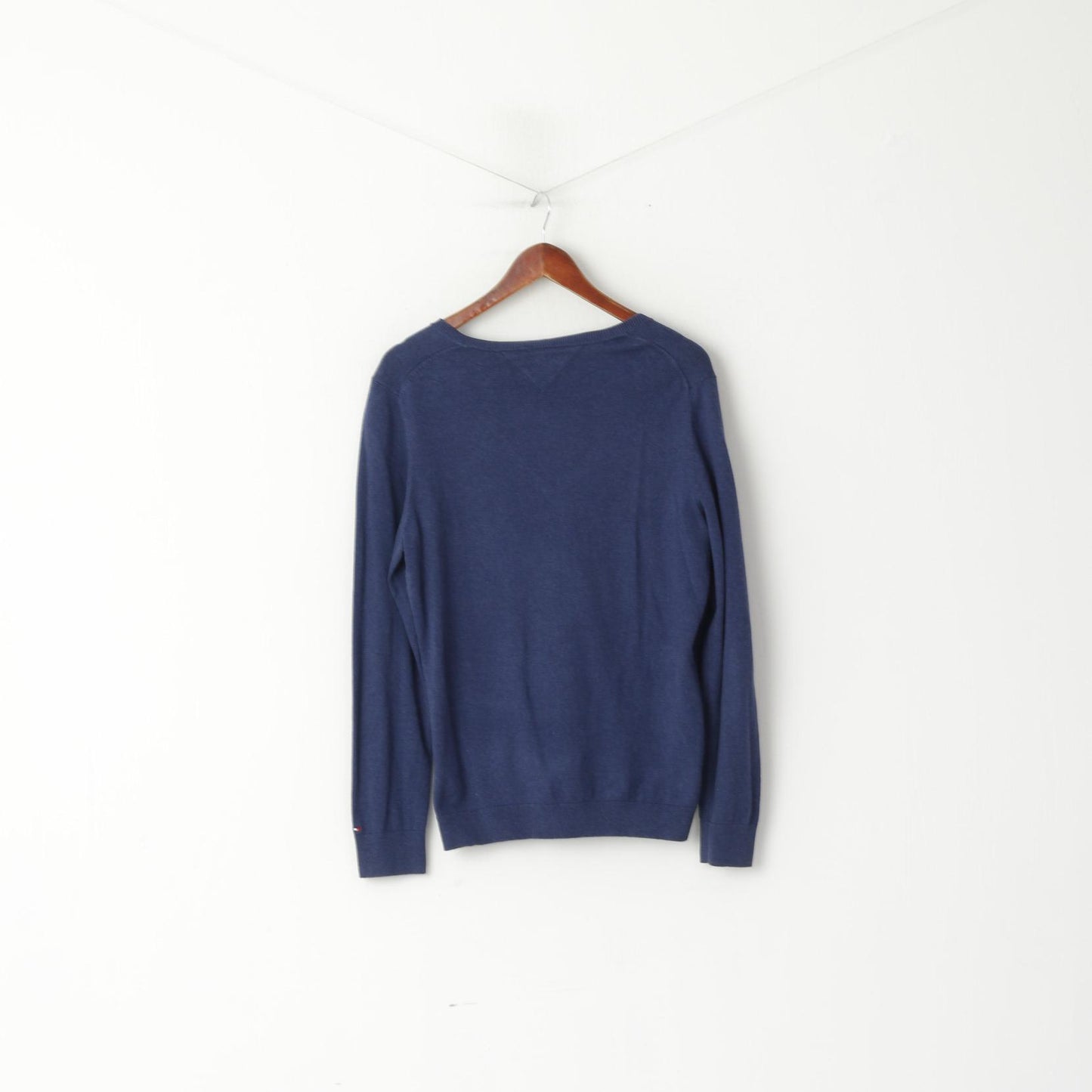 Tommy Hilfiger Homme XL (M) Pull Marine Coton Col V Doux Stretch Uni Pull