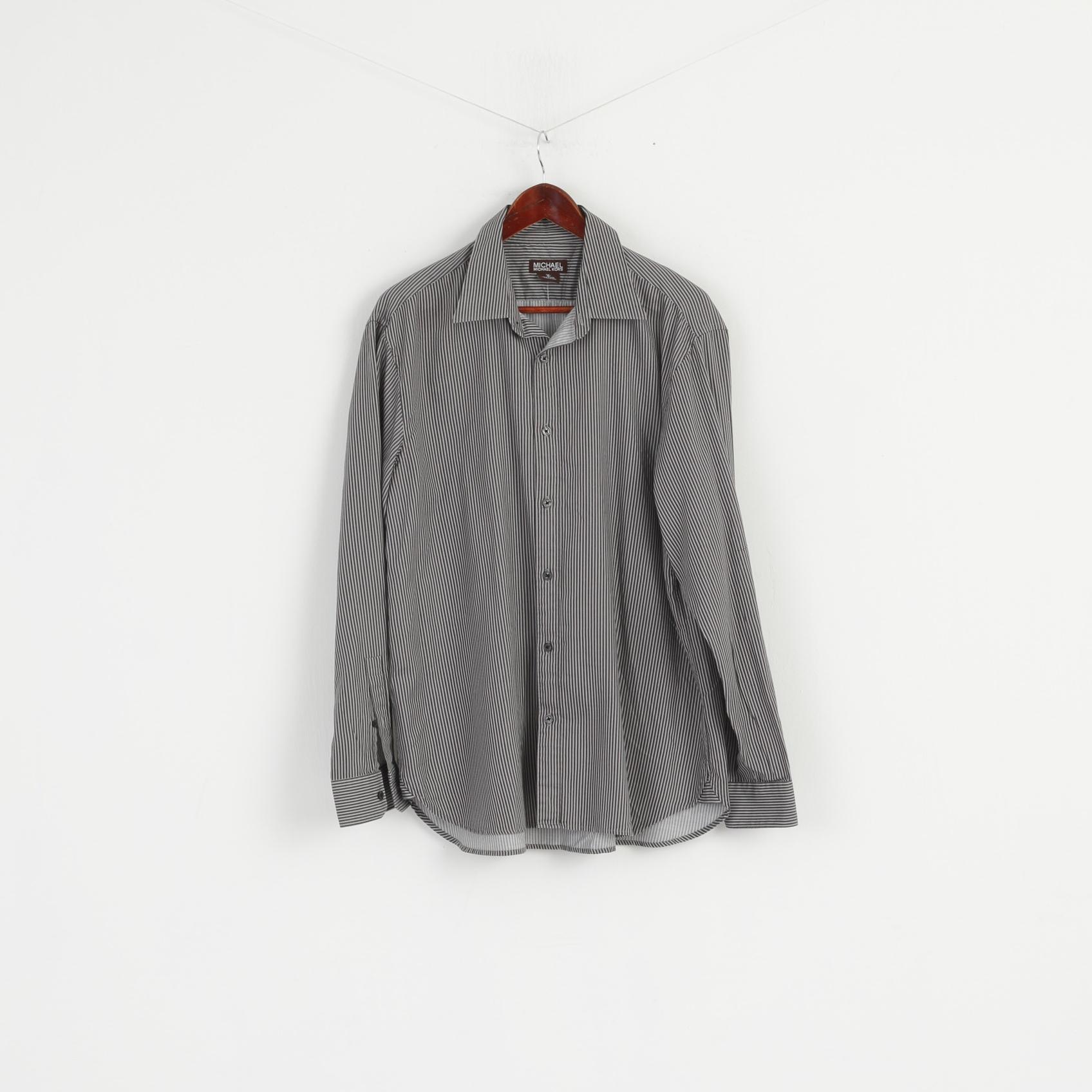 Michael Kors Men XL Casual Shirt Grey Cotton Striped Long Sleeve Detailed Buttons Top