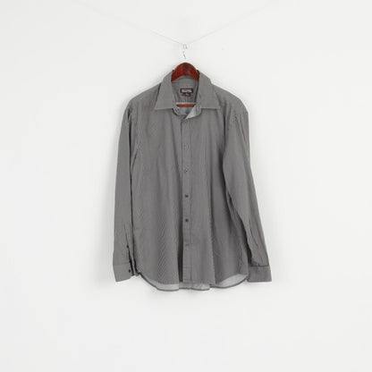 Michael Kors Camicia casual XL da uomo in cotone grigio a righe a maniche lunghe con bottoni dettagliati