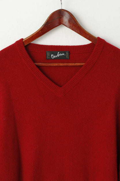 Barbour Men L Jumper Burgundy Wool V Neck Classic Plain Scotland Sweater