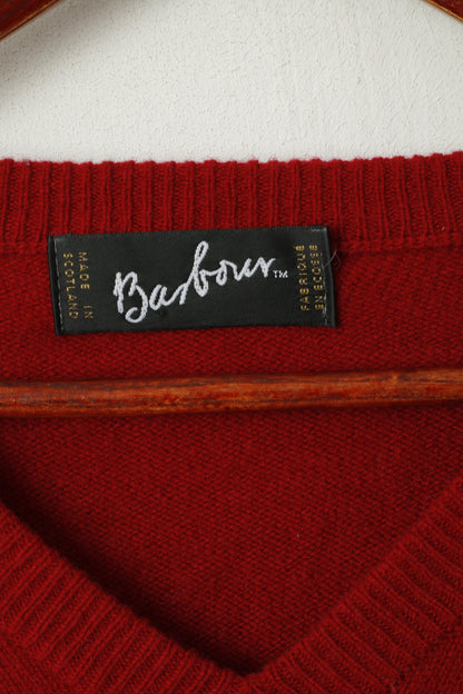 Barbour Men L Jumper Burgundy Wool V Neck Classic Plain Scotland Sweater