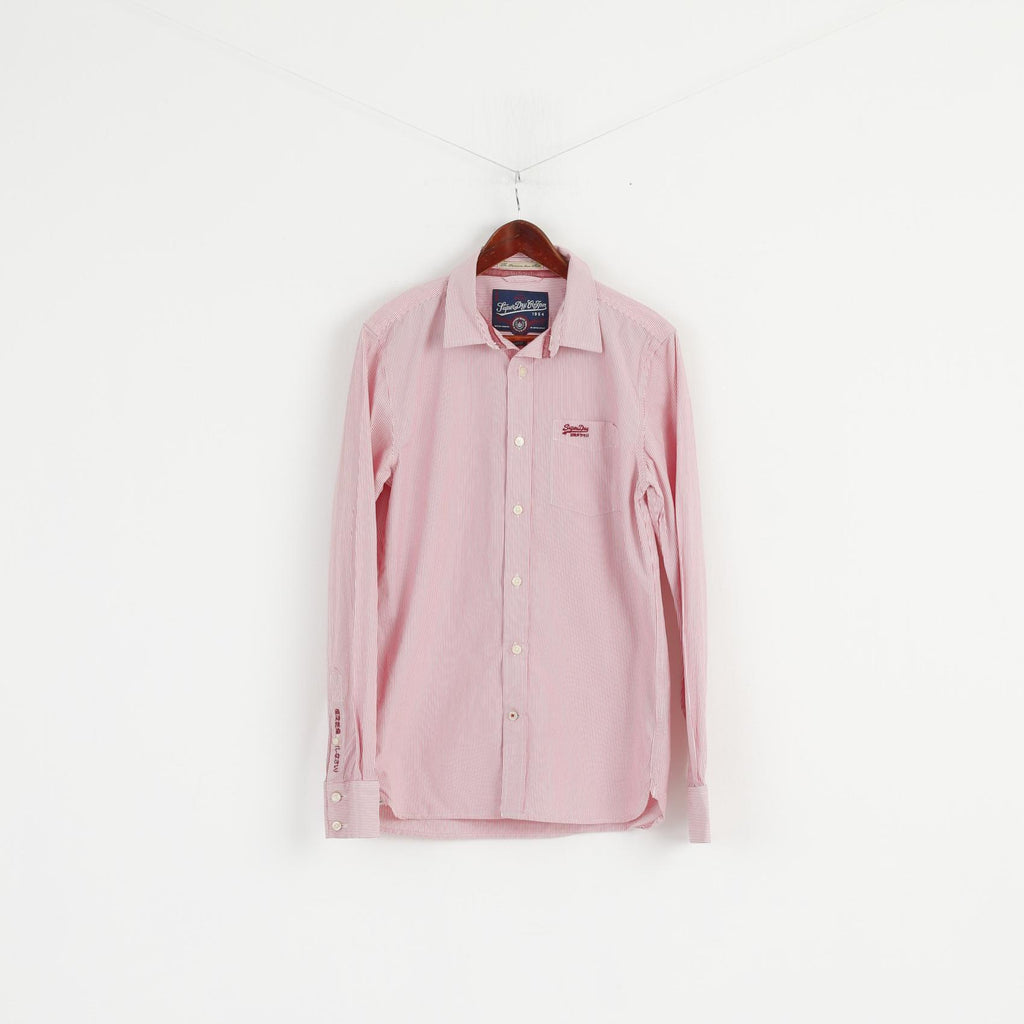 Superdry Men L (M) Casual Shirt Pink Striped Cotton Japan Long Sleeve Detailed Buttons Top