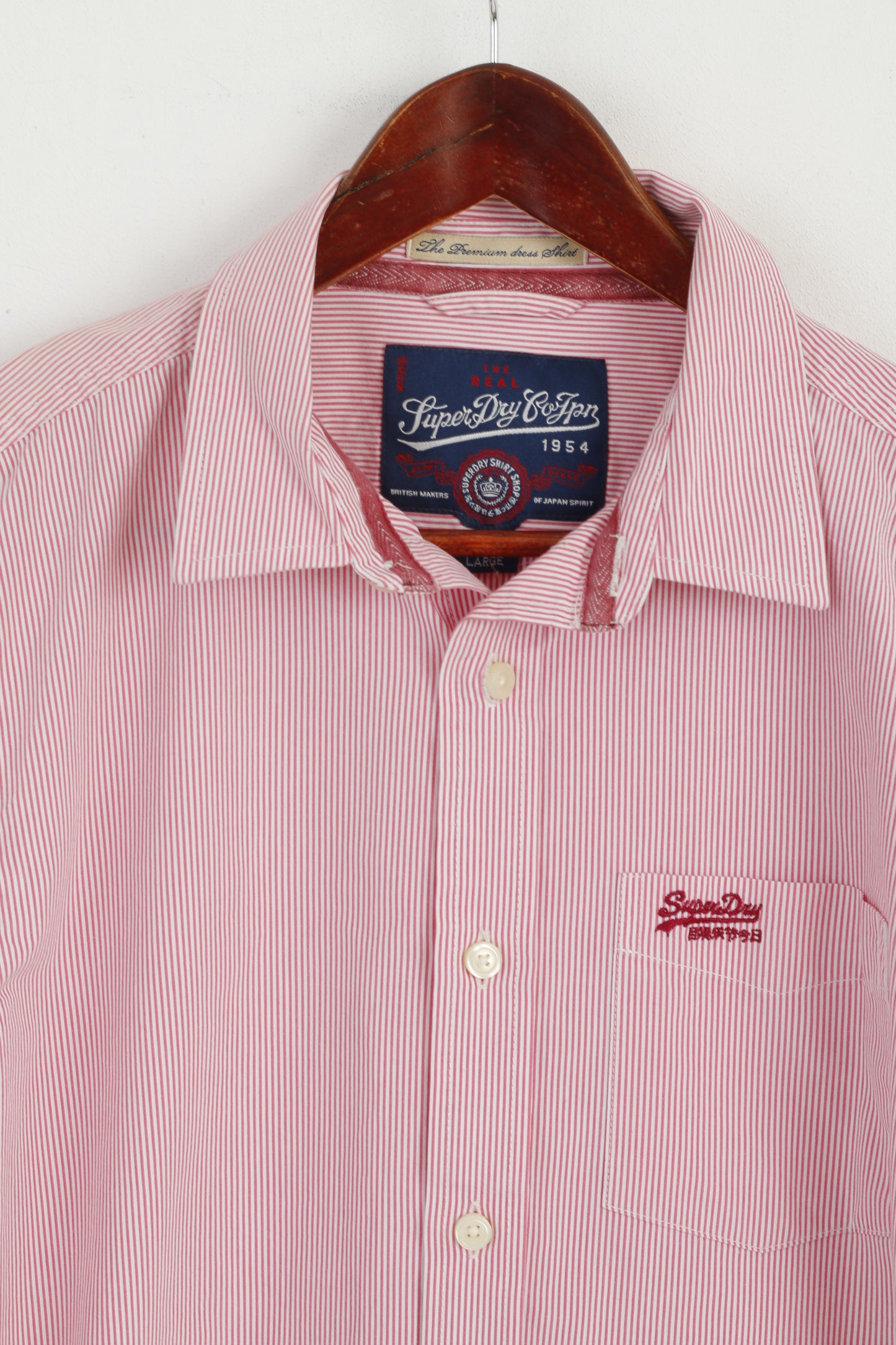 Superdry Men L (M) Casual Shirt Pink Striped Cotton Japan Long Sleeve Detailed Buttons Top