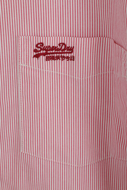 Superdry Men L (M) Casual Shirt Pink Striped Cotton Japan Long Sleeve Detailed Buttons Top