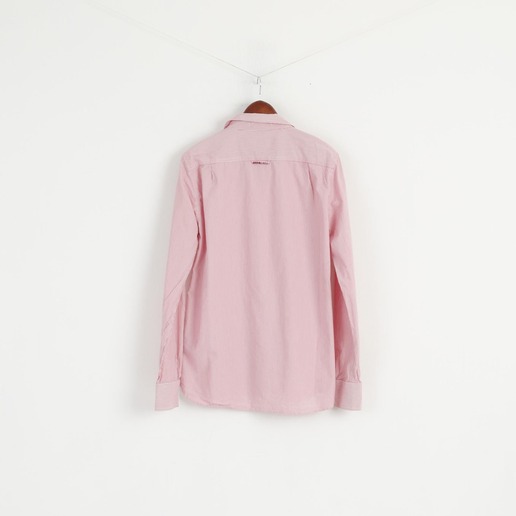 Superdry Men L (M) Casual Shirt Pink Striped Cotton Japan Long Sleeve Detailed Buttons Top