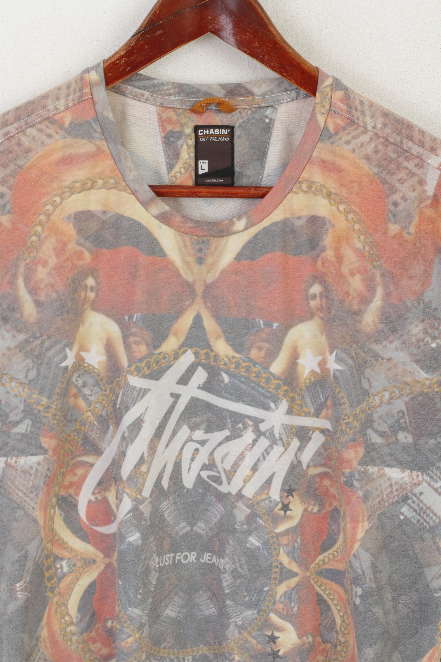 Chasin Men L (M) Shirt Multi Printed Michelangelo Crew Neck Just For Jeans Top