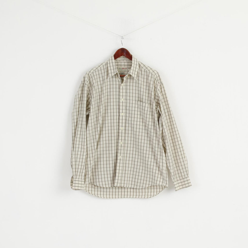 East West Men M Casual Shirt Beige Check Cotton Western Long Sleeve Top