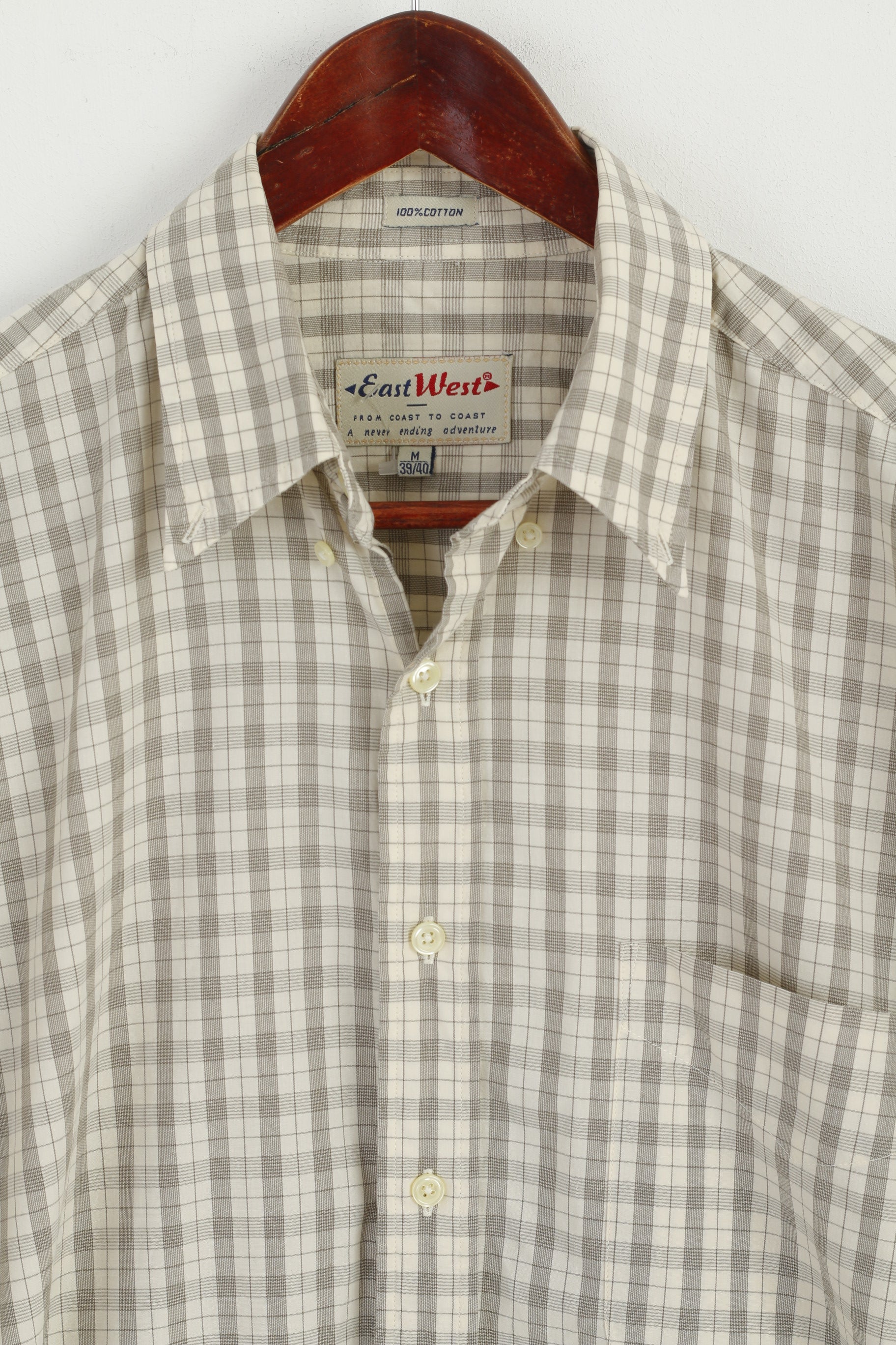 East West Men M Casual Shirt Beige Check Cotton Western Long Sleeve Top