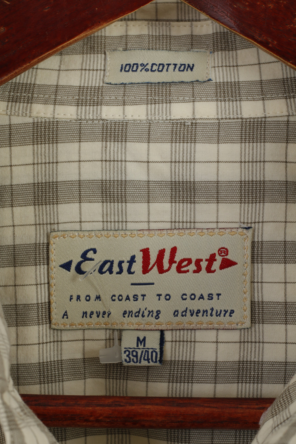 East West Men M Casual Shirt Beige Check Cotton Western Long Sleeve Top