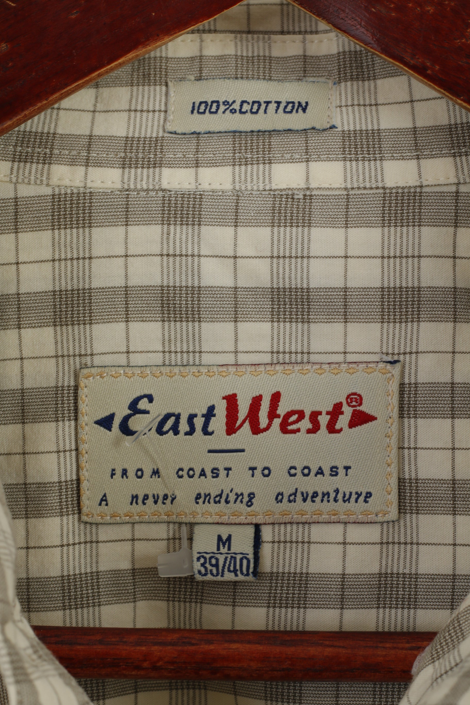 East West Men M Casual Shirt Beige Check Cotton Western Long Sleeve Top
