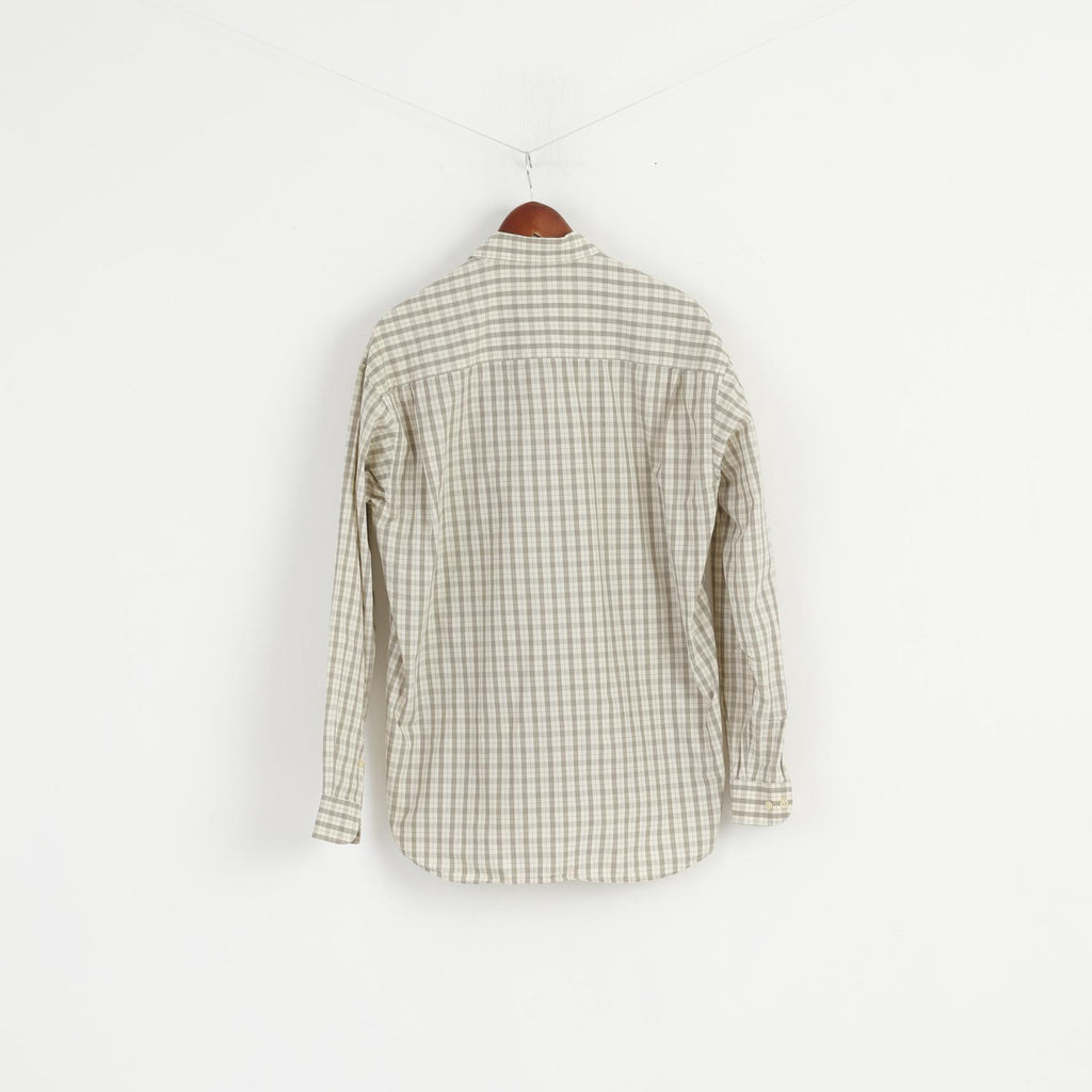 East West Men M Casual Shirt Beige Check Cotton Western Long Sleeve Top