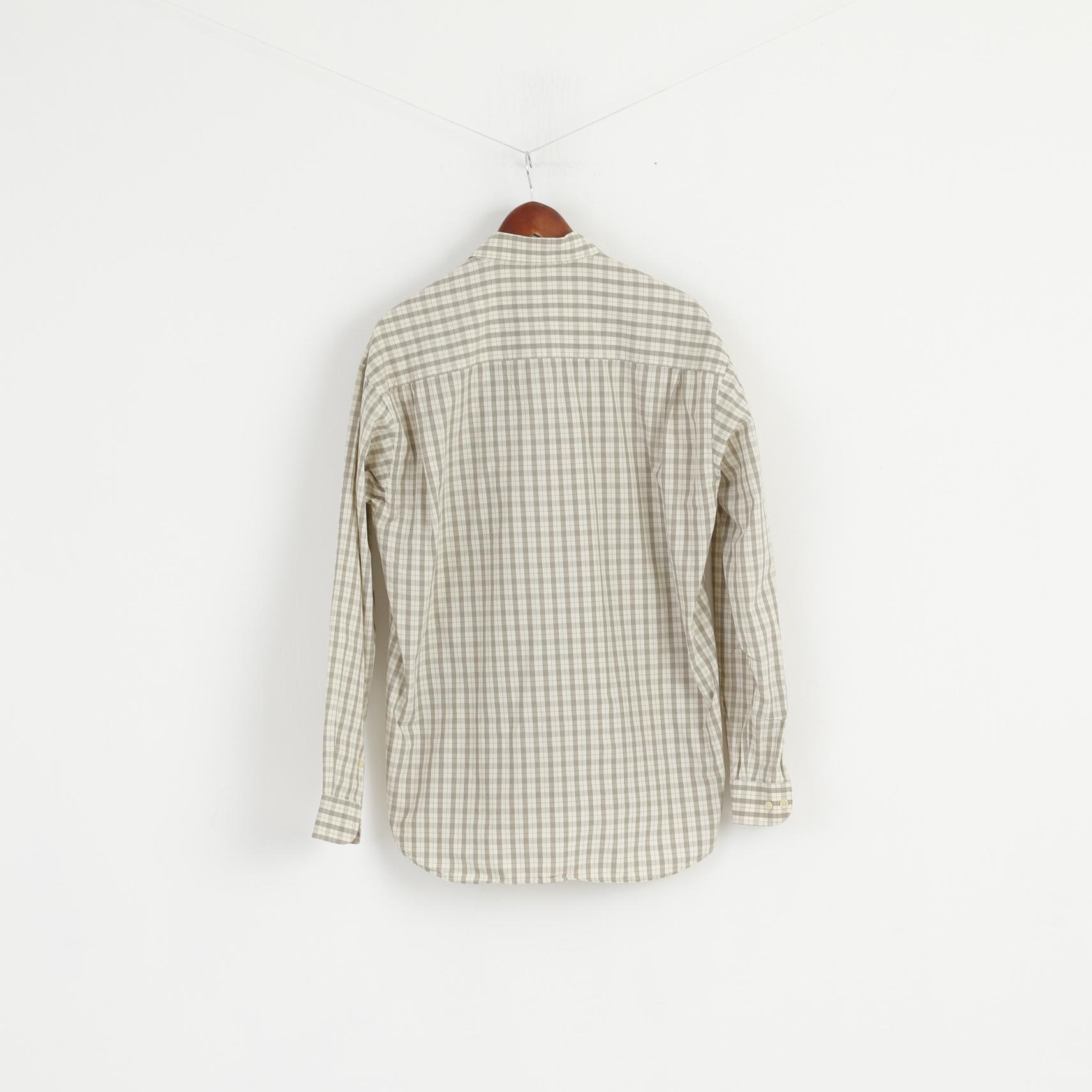 East West Men M Casual Shirt Beige Check Cotton Western Long Sleeve Top