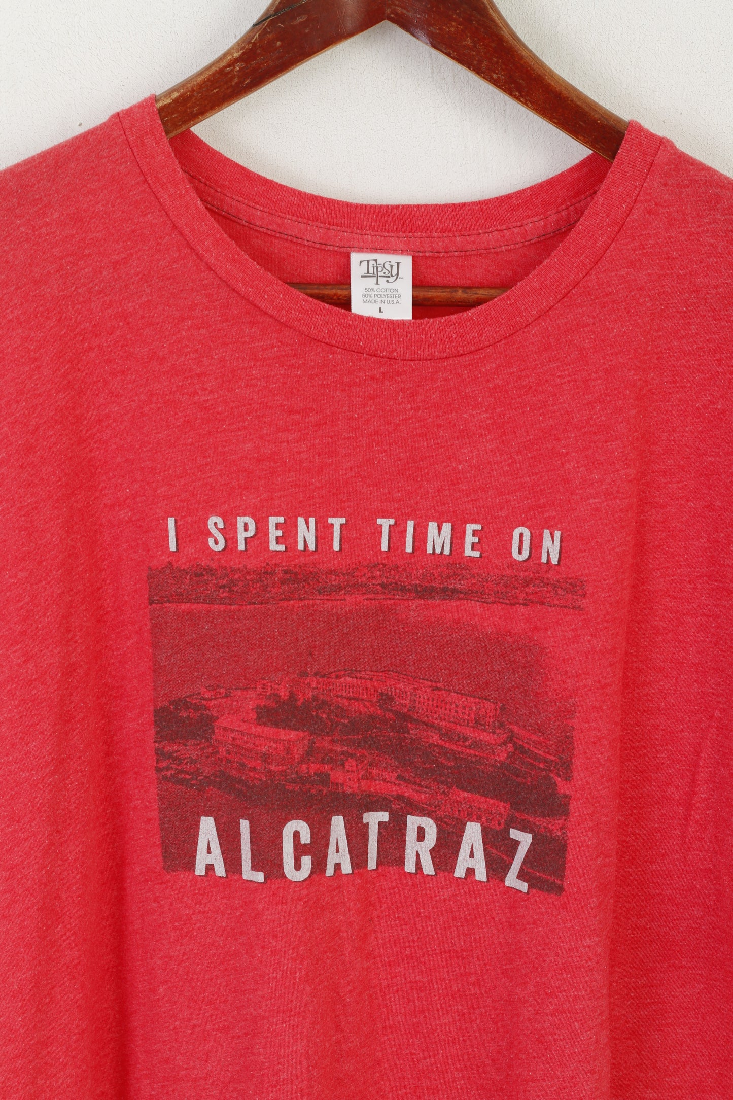 Tipsy Men L T-Shirt Red Cotton Graphic I Spent Time On Alcatraz Top